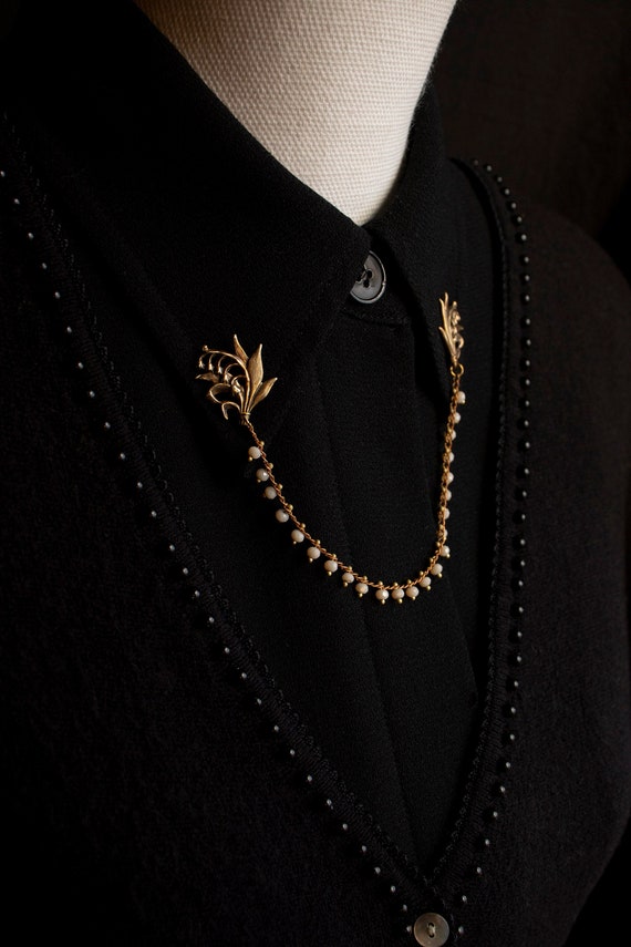 Lily of the Valley Collar Chain Pin: Solid Brass With Glass Beaded Chain