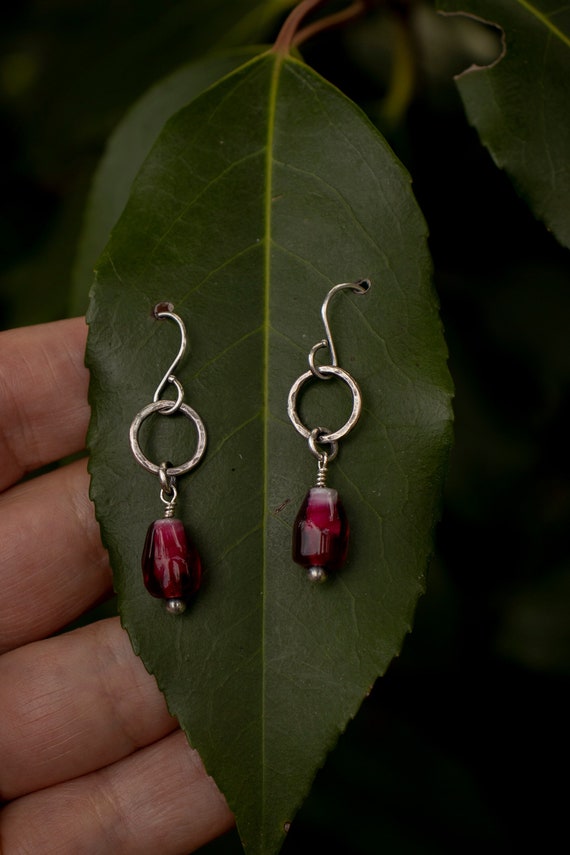 Red Round Garnet Earrings Hammered Sterling Silver Red Round Garnet Earrings Hammered Sterling Silver