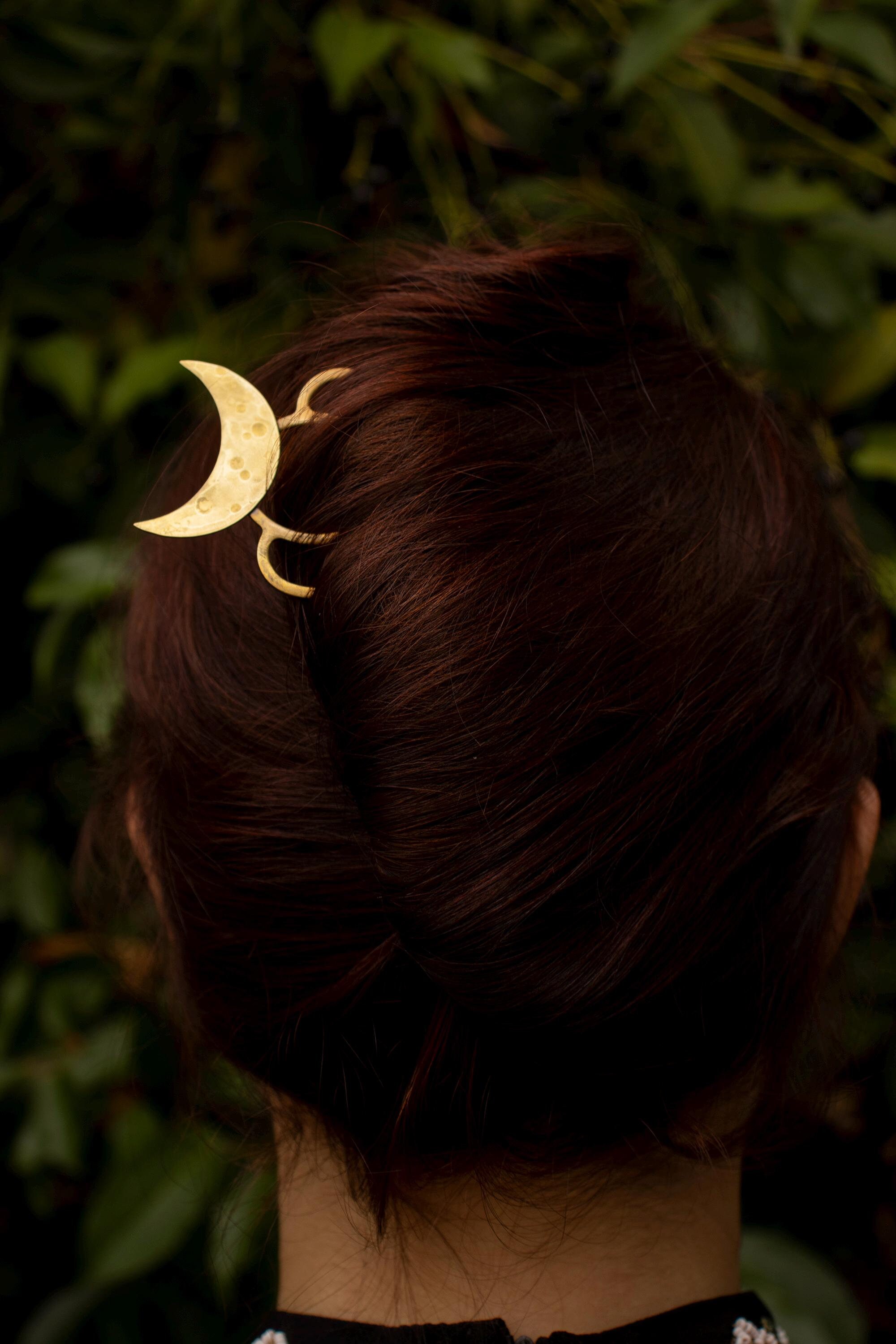 Crescent Moon Hair Fork: Solid Brass Goddess Hair Pin - Etsy
