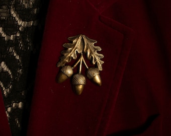 Acorn Brooch: Solid Brass Vintage Style Oak Leaf Lapel Pin