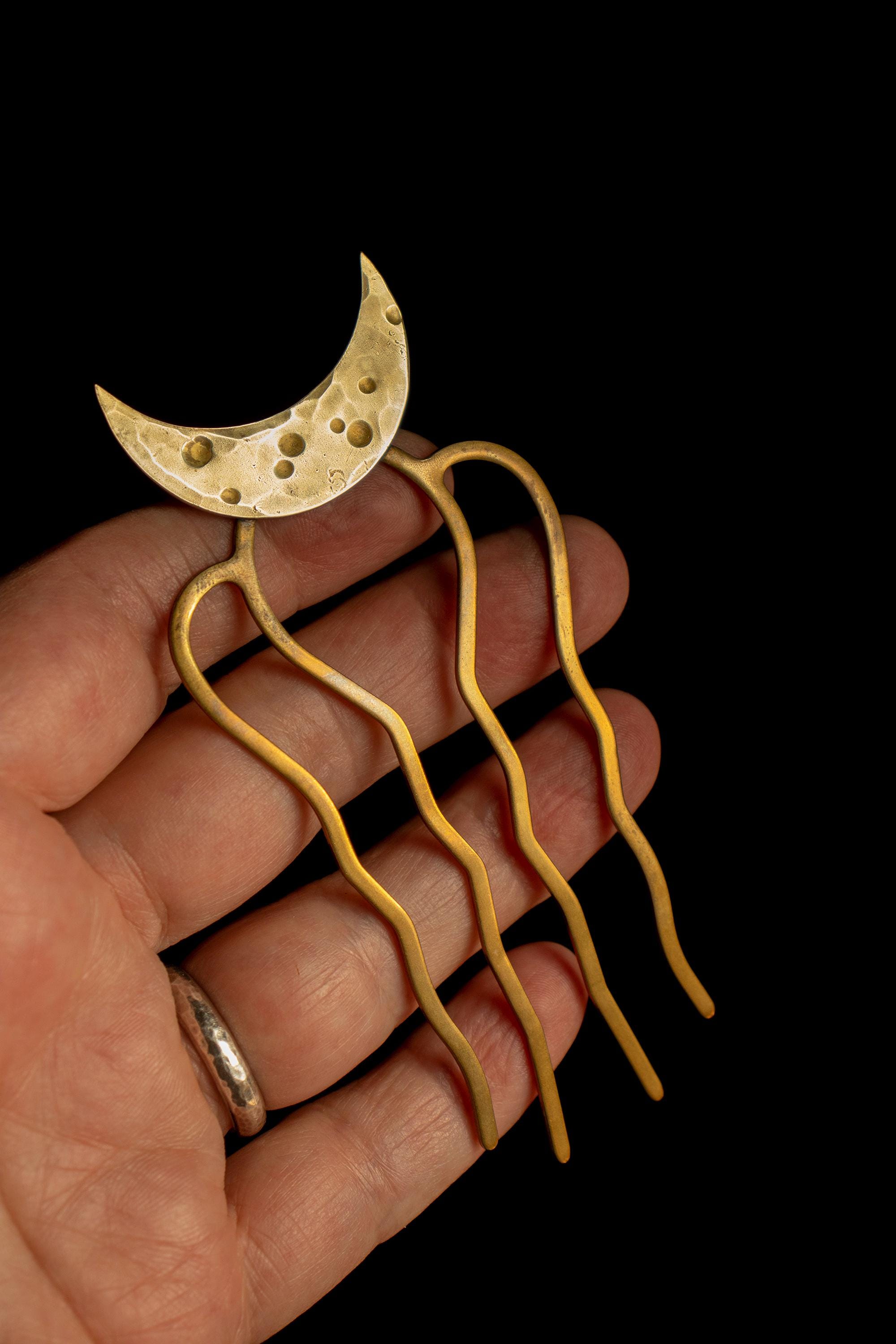 Vintage Hammered Brass Crescent Moon Hair Comb Turquoise Cabochons Victorian Turquoise and Diamond Crescent Pendant – Andria  main image 4