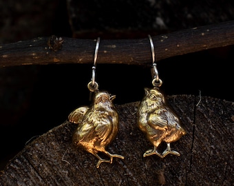 Chick Earrings: Solid Brass With Solid Sterling Silver Hooks, Chicken Jewelry
