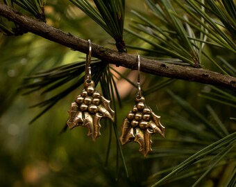 Holly Earrings: Solid Brass With Sterling Silver Hooks, Holiday Jewelry