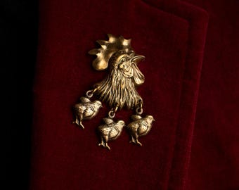 Chicken Pin: Hen & Chicks Brooch, Vintage Style, Solid Brass