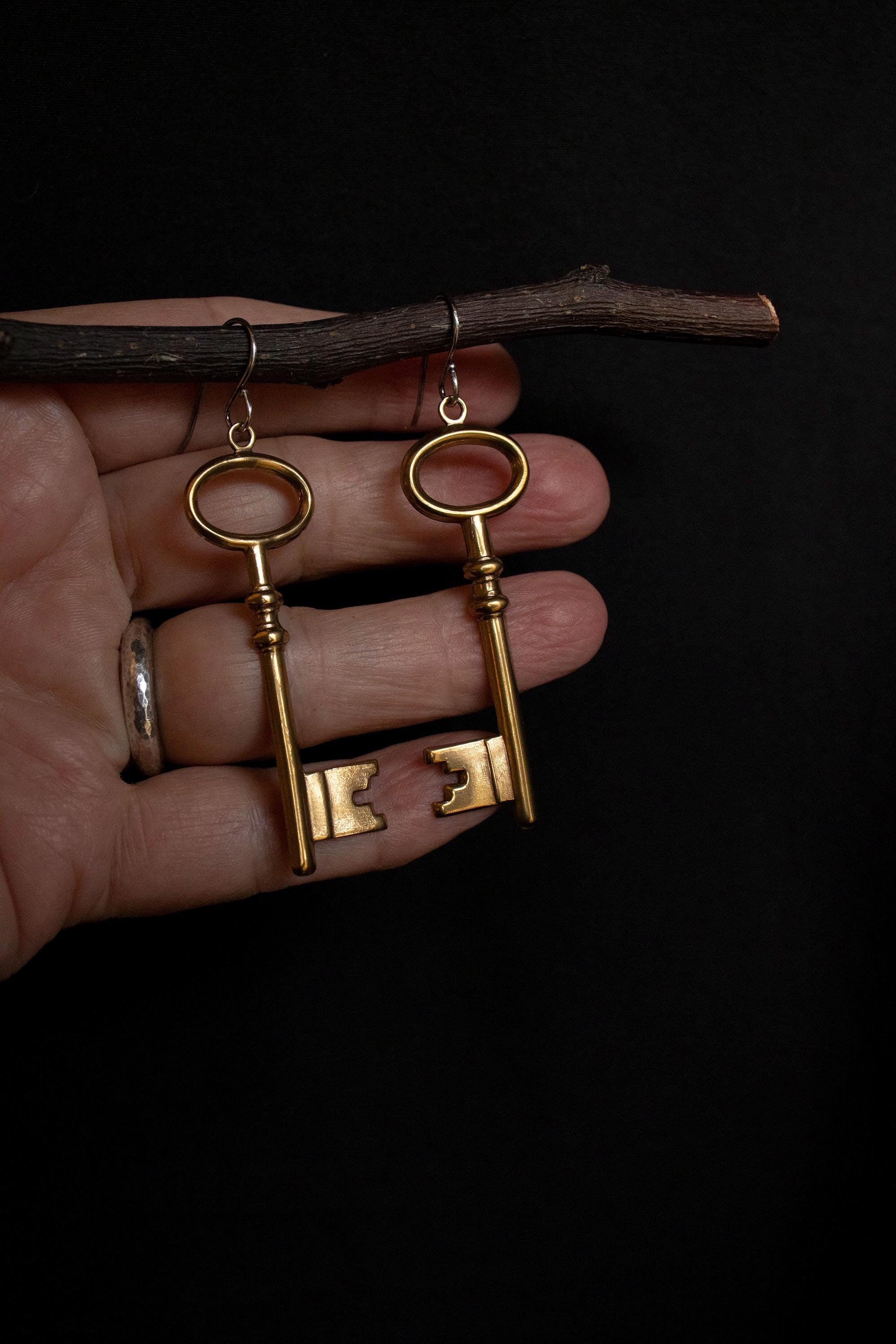 Orecchini Goccia A Chiave Filigrana In Ottone Antico, Stile Vintage, Grandi, Per Orecchi Forati - Foto 3