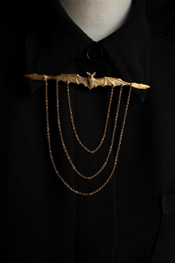 Bat Collar Chain Pin: Solid Brass Vintage Style Brooch