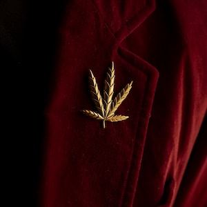 May include: A gold-colored marijuana leaf pin on a dark red velvet jacket.