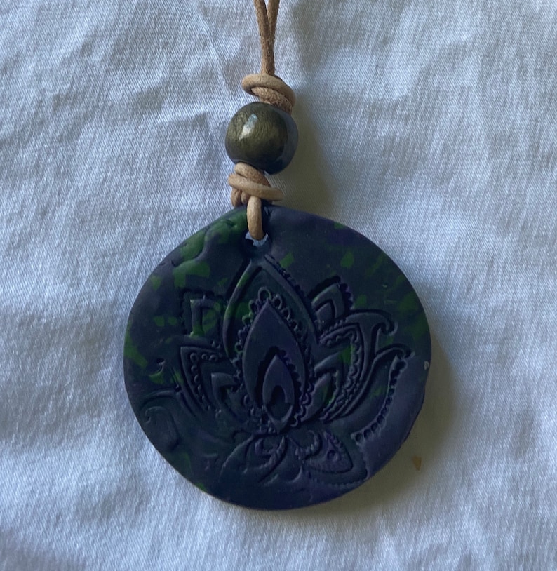 Handmade Purple /& Green Lotus Flower Stamped Clay Diffuser Necklace for Essential Oils