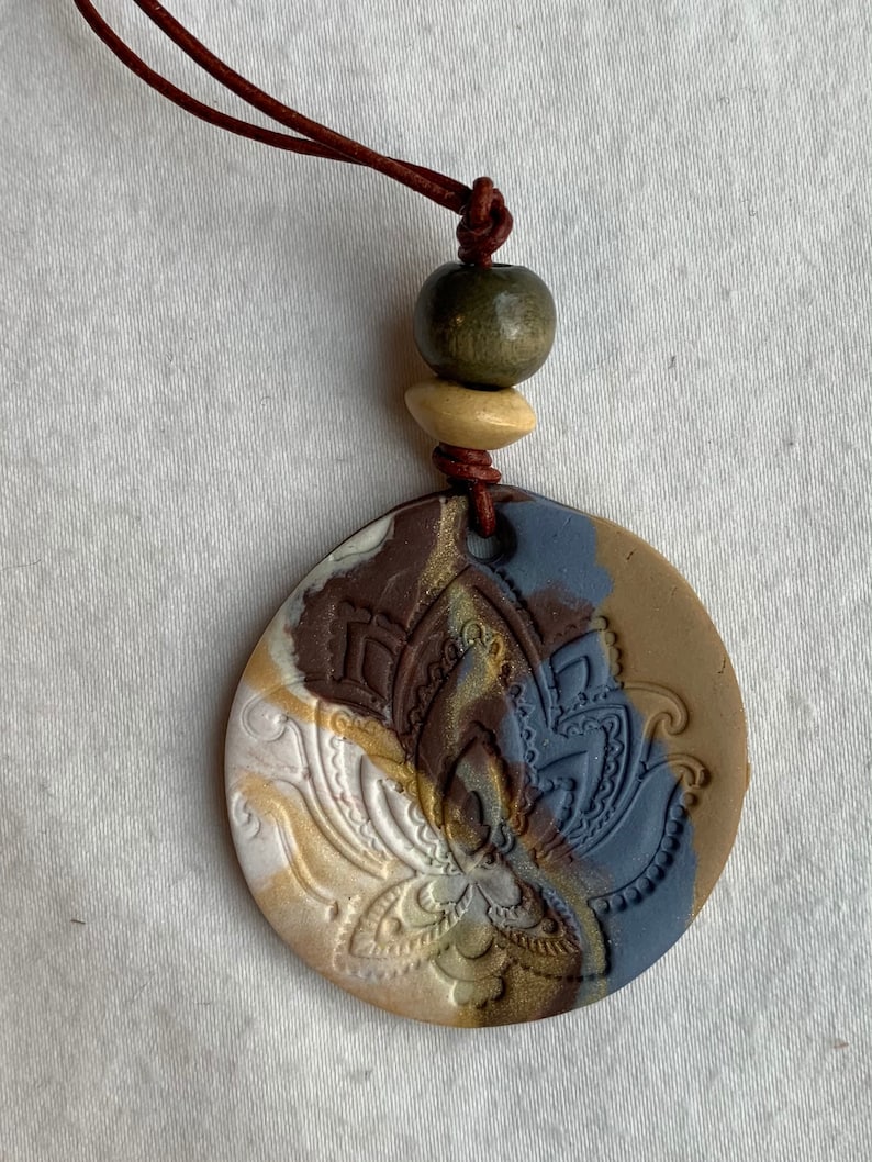Handmade Lotus Stamped Clay Diffuser Necklace for Essential Oils