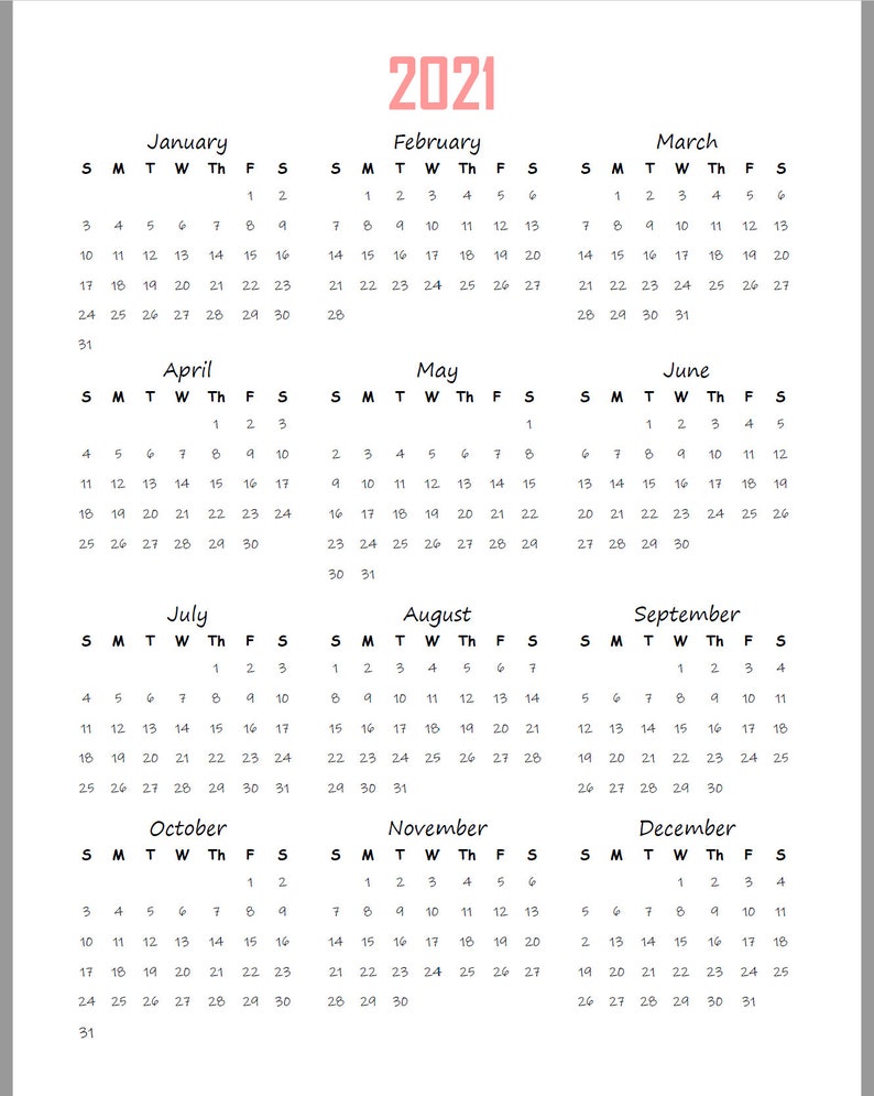 2021 2022 yearly calendar at a glance printable planner etsy