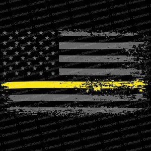 May include: A distressed American flag with a thin yellow stripe across the middle. The flag is black, gray, and yellow.