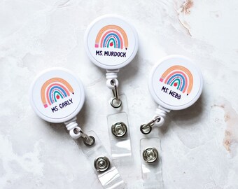 Personalized Teacher Badge Reel, Pencil Rainbow Design, School Staff Gift