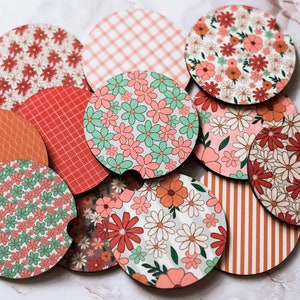 Spring Floral Car Accessory Coaster Set, Cute Car Accessories, Trendy Car Decorations, Boho Car Coasters, Set of 2 Car Coasters