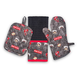 Ohio Buckeyes | 3 Piece | Handmade University Kitchen Set | Pot Holder | Kitchen Towel | Oven Mitt