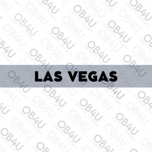 May include: A graphic design featuring the text LAS VEGAS in bold black capital letters centered on a horizontal light gray band. The background consists of a repeating pattern of the light gray text OB4U Creative Designs on a white field.