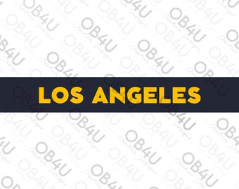 May include: A graphic design featuring the text LOS ANGELES in bold yellow capital letters centred on a dark navy blue horizontal band. The background consists of a repeating light grey watermark pattern of the text OB4U Creative Designs.