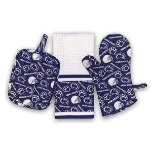 May include: A blue and white kitchen towel set featuring the Penn State Nittany Lions logo. The set includes a potholder, oven mitt, and a dish towel.