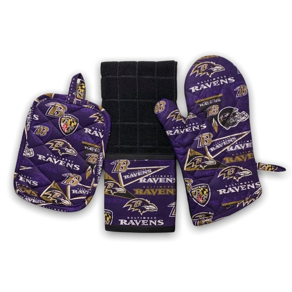 Baltimore Ravens | 3 Piece | Personalized Handmade Kitchen Set | Pot Holder | Kitchen Towel | Oven Mitt