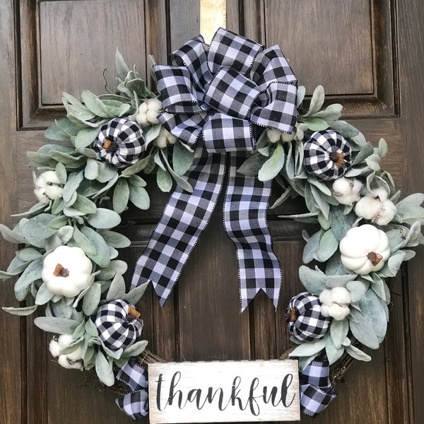 Lambs Ear Front Door Wreath.  Buffalo Plaid Bow and Pumpkins. Thankful wreath.