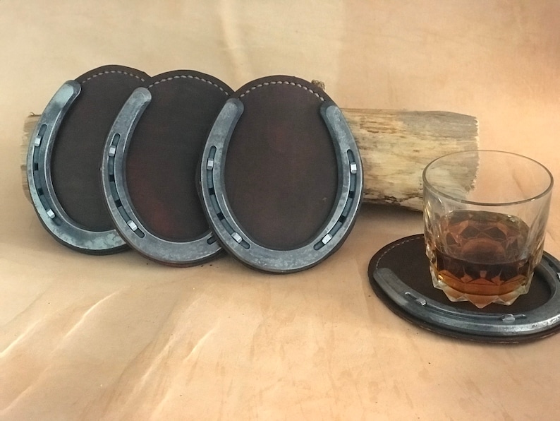 Horseshoe Art. Horseshoe Coaster. Handmade Leather. Gift for Etsy