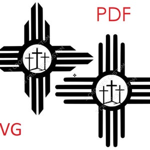 Peut inclure: Silhouette noire et blanche de trois croix à l'intérieur d'un symbole solaire stylisé, représentant le drapeau de l'État du Nouveau-Mexique. Le motif est parfait pour les projets d'artisanat, tels que les autocollants en vinyle, les pochoirs ou les enseignes en bois.
