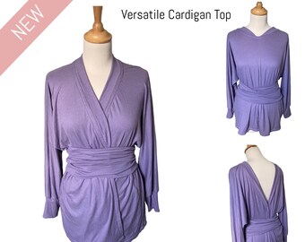 Small/Medium Versatile Cardigan Top | Lavender Blouse | One top with many looks | Wrap top + Belt | Stretchy Jersey | Layer Style