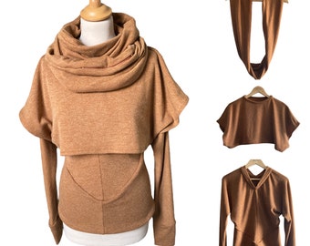 Small/Medium | 3 Piece Top Set | Pullover top + Pocket scarf | Angora Jersey | Cognac | Versatile Top | Winter fashion | Stylish Top Set