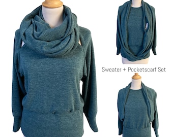 Small/Medium Top Set | 3\4 sleeve Top with Pocket scarf | Petrol | Angora style warm jersey | Versatile set | cutout detail | jersey sweater