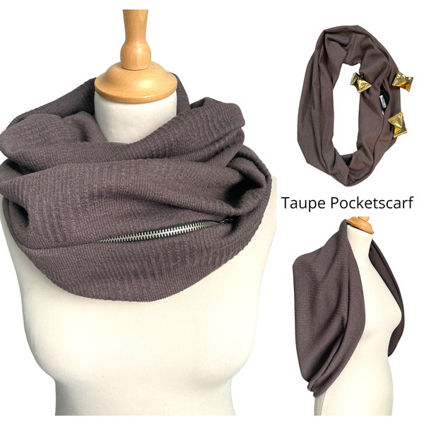 Versatile Pocket Scarf | Taupe Scarf | Jacquard Jersey | Hidden Pocket Infinity Scarf | Large Versatile Infinity Pocket Scarf | Gift Ideas