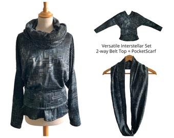 Versatile Interstellar Top + Pocket Scarf Set | Geometric 3D print | 2 piece Top Set for Women | Women's Top + Pocket Scarf | Small/Medium