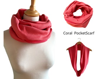 Coral Red Pocketscarf Hidden Pocket Infinity Scarf Cotton Rib Tricot Pocketscarf | Wrap scarf with bag | Secret Pocket  Gift tip