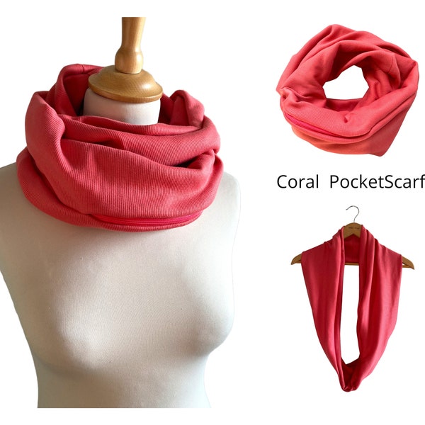 Coral Red Pocketscarf Hidden Pocket Infinity Scarf Cotton Rib Tricot Pocketscarf | Wrap scarf with bag | Secret Pocket  Gift tip