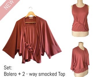 Bolero tamaño mediano/grande + Top | Jersey fino Brique | Conjunto superior de 2 piezas | Primavera y Verano | Versátil | Usable por delante y por detrás