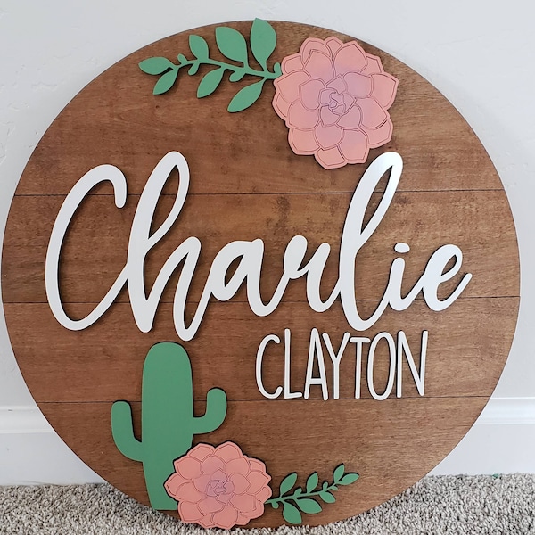 Succulent Cactus Name Sign  Custom Name Sign | Cactus Decor | Succulent Decor | Cactus Nursery | Custom Circle Sign | Wood Circle Sign