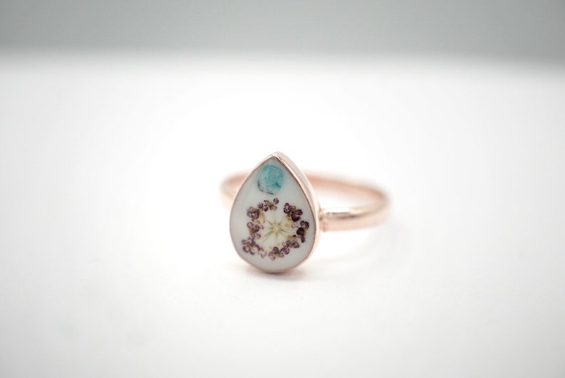 Dainty Delicate Gift For Her Bridesmaids nature flower lover Size 6.5 Real Tiny Flower and Turquoise Gem Set In Rose-Gold-Plated Ring