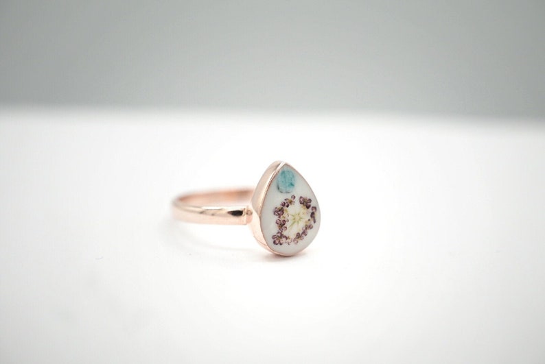 Dainty Delicate Gift For Her Bridesmaids nature flower lover Size 6.5 Real Tiny Flower and Turquoise Gem Set In Rose-Gold-Plated Ring
