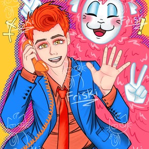 Puede incluir: Ilustración digital de una persona con cabello y maquillaje naranja, vistiendo un traje azul, camisa naranja y corbata roja, sosteniendo un teléfono naranja. Una criatura rosa y peluda con una cara blanca está detrás de ellos. El fondo es amarillo con garabatos de gatos.