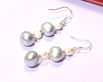 925 Sterling Silver Organic Grey Pearl Earrings | Gray Pearl Earrings | White Pearl Earrings | Drop Earrings | Classy Earrings