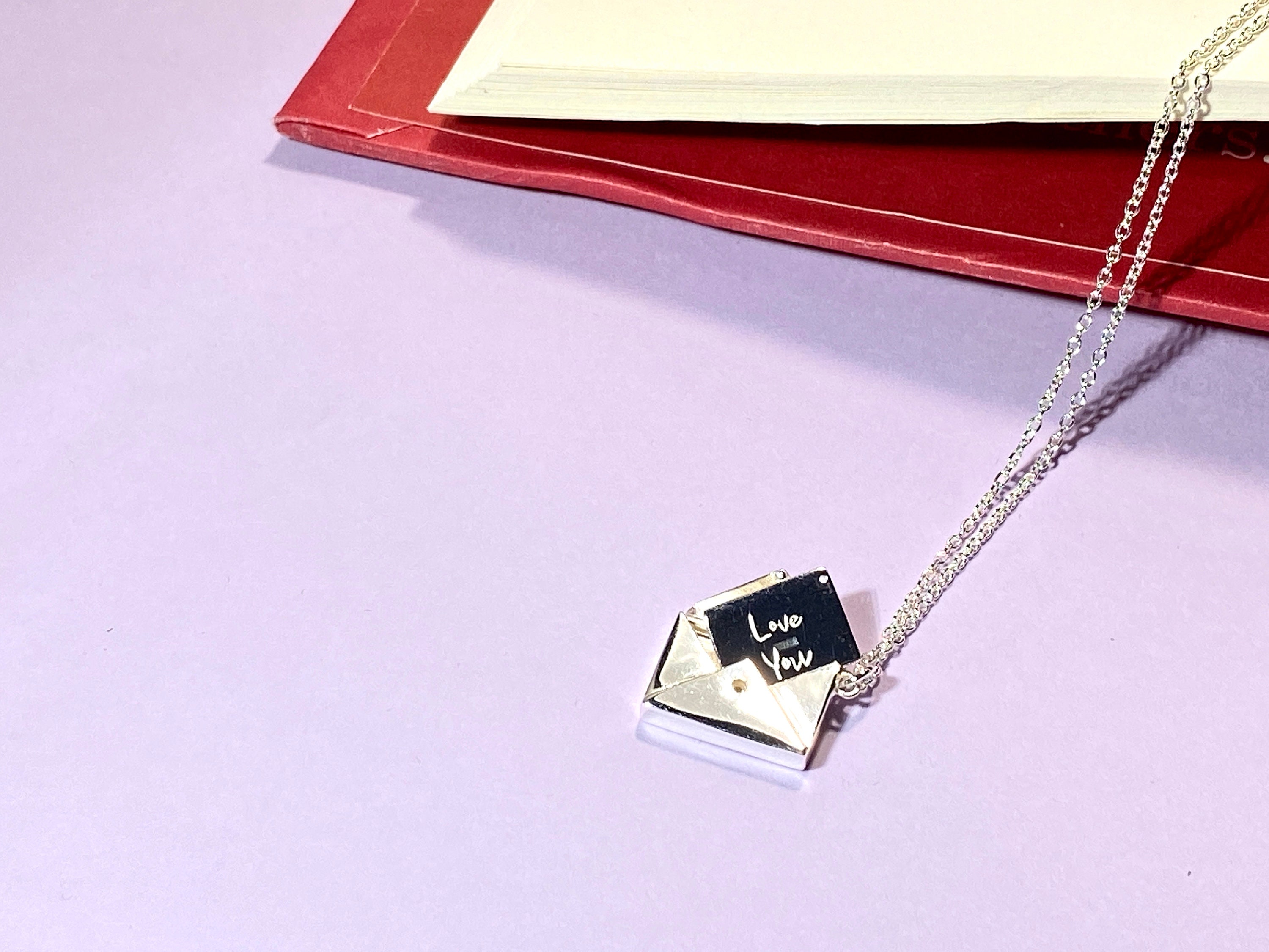 AOBOCO Sterling Silver 'I Love You' Envelope Necklace With Austrian Crystals - Hypoallergenic Pendant Gift
