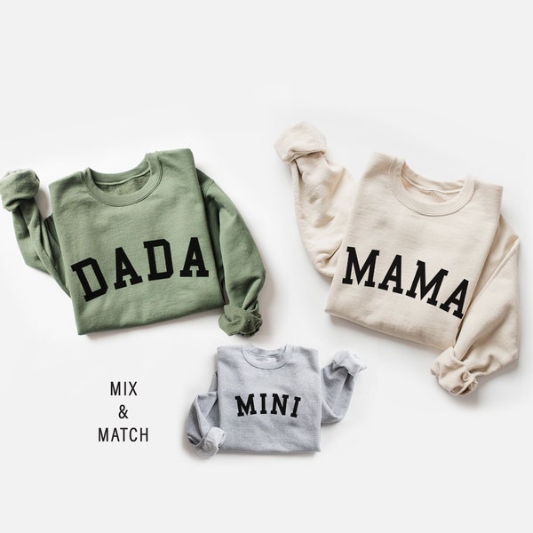 Family Matching Shirts | Mama Dada Mini Holiday Sweatshirts | Mom Dad and Baby Outfits | Preppy Design