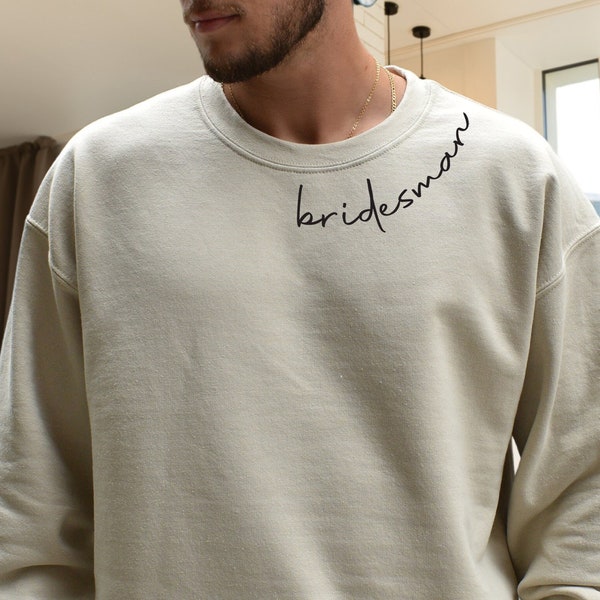 Minimal Bridesman Sweatshirts - Friend of Honor Gift - Gender Neutral Co Ed Bridal Party Crewnecks - Custom Text Collar Sweatshirts