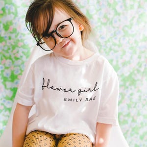 Flower Girl Tshirt, Personalized Flower Girl Gift, Jr Bridesmaid, Cute Toddler Flower Girl Shirt with Name image 1
