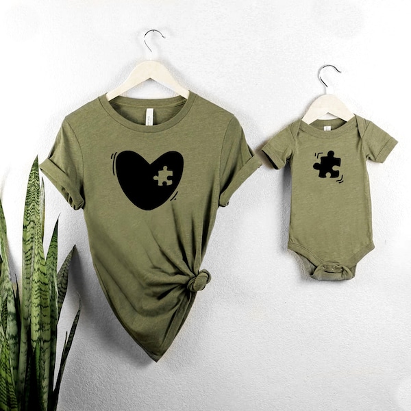 Mothers Day Mommy and Me Heart Matching Set, Missing Piece Set, Mom and Child Olive Green, T-Shirt and One Piece, Baby Shower New Mom Gift