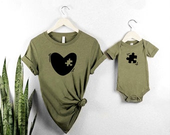 Mothers Day Mommy and Me Heart Matching Set, Missing Piece Set, Mom and Child Olive Green, T-Shirt and One Piece, Baby Shower New Mom Gift