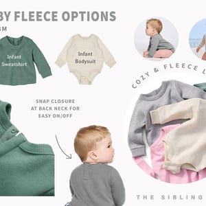 May include: Baby fleece options, including an infant sweatshirt and bodysuit. The green sweatshirt and cream bodysuit are displayed, along with a close-up of the snap closure at the back neck. The image also shows a gray sweatshirt, a pink bodysuit, and a green sweatshirt.