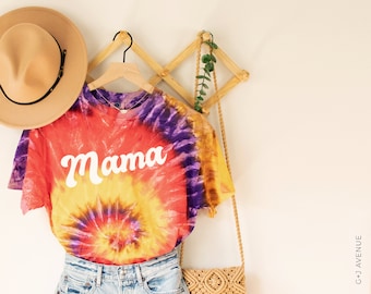Tie-Dye Retro Mama Tshirt | Wavy Tie Dye Shirt | New Mom Gift | Colorful Mama Cotton Rainbow Tshirt
