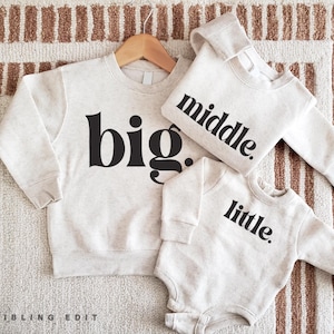 Big Middle Little Sweatshirts | Three Siblings Fleece Bodysuit or Crewneck | 3rd Baby Announcement