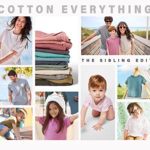 Puede incluir: Un collage con varias camisetas de algod&oacute;n en diferentes colores y estilos. La imagen incluye una pila de camisas dobladas, camisas individuales y personas que usan las camisas. El texto en la parte superior dice "COTTON EVERYTHING" y "THE SIBLING EDIT".