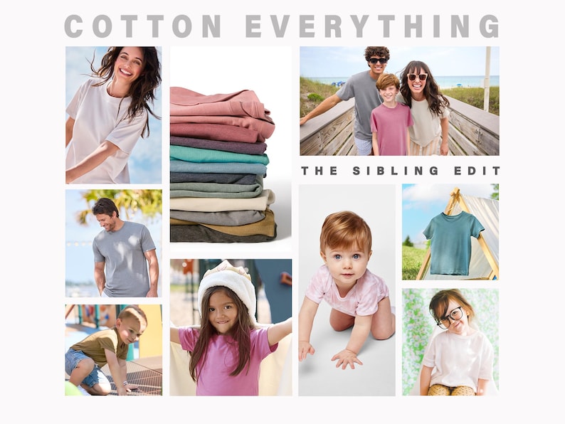 Puede incluir: Un collage con varias camisetas de algod&oacute;n en diferentes colores y estilos. La imagen incluye una pila de camisas dobladas, camisas individuales y personas que usan las camisas. El texto en la parte superior dice "COTTON EVERYTHING" y "THE SIBLING EDIT".