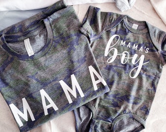 Mama and Mamas Boy Camo Matching Set, Camouflage Mommy And Me, Camo Mama Tee, Boy bodysuit, Mix and Match Clothes, Newborn Gift